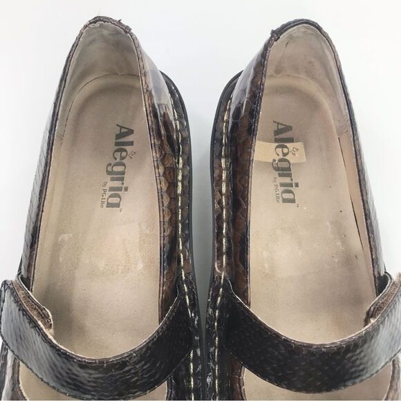 Alegria FELIZ 713 Brown Patent Leather Snakeskin Print Mary Jane Support Shoes - Picture 6 of 16